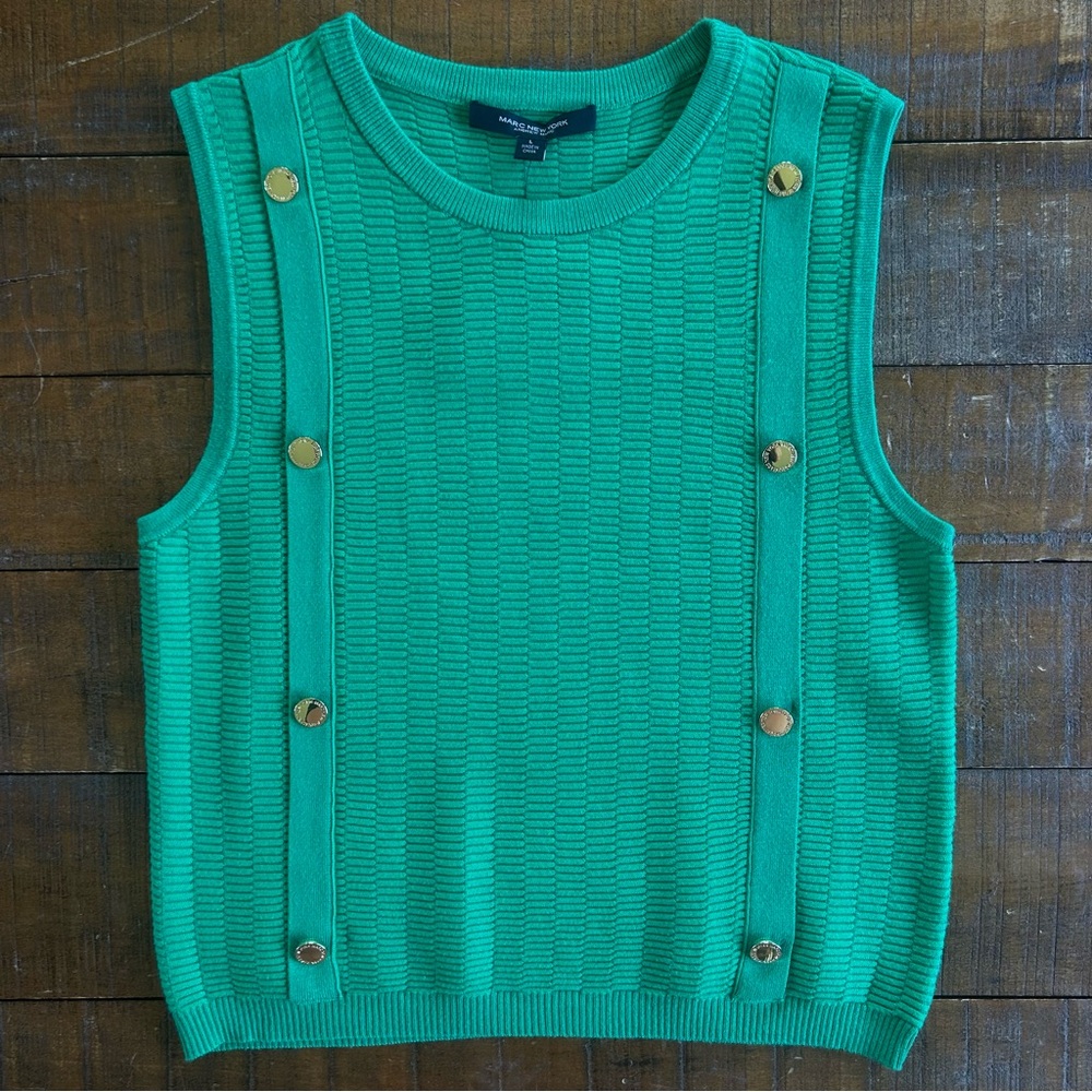 Marc New York Kelly Green Gold Button Knit Blouse Large